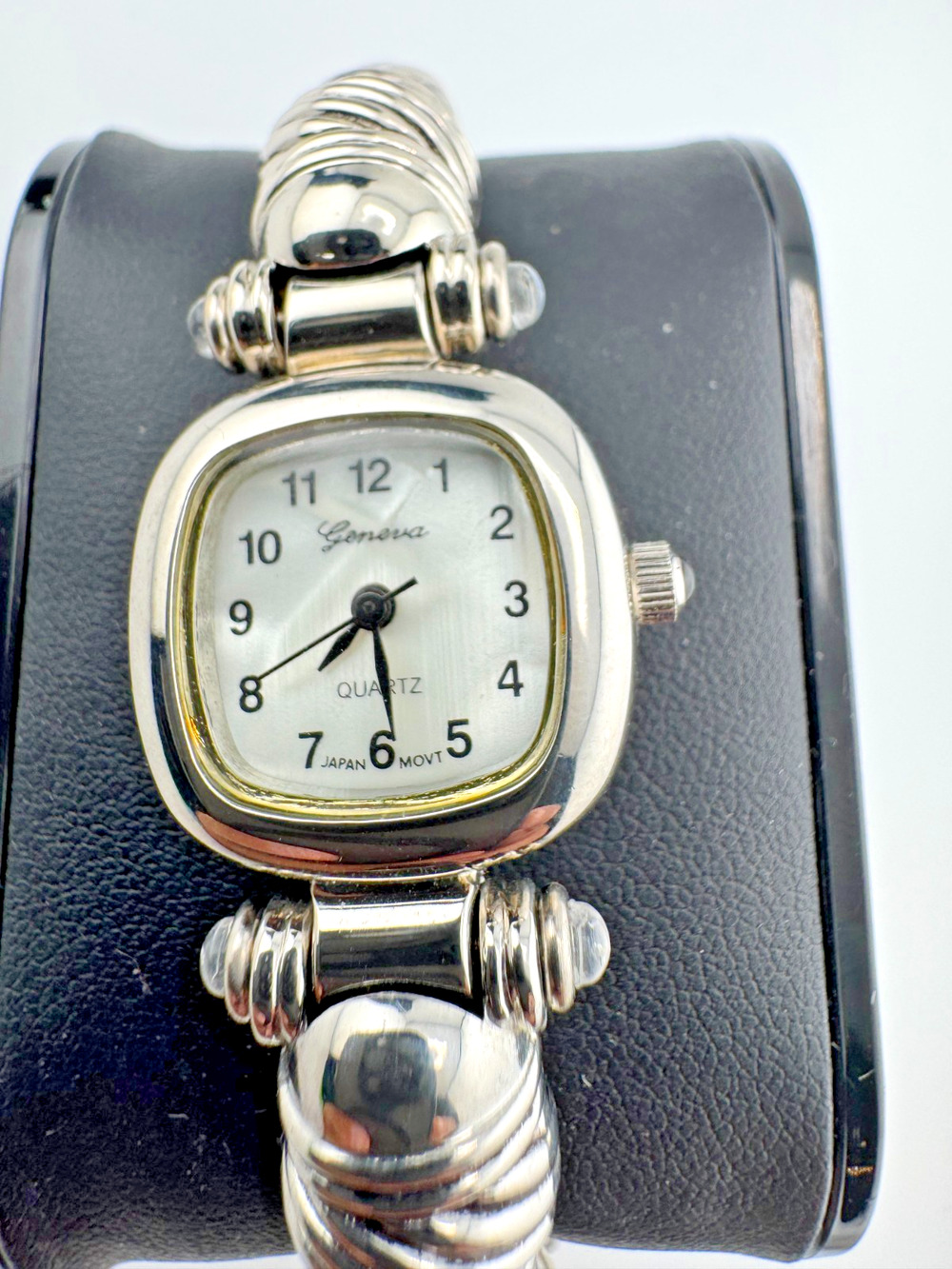 Geneva Silver Tone Cable Cuff Watch Crystal Accents Cushion Dial Bangle